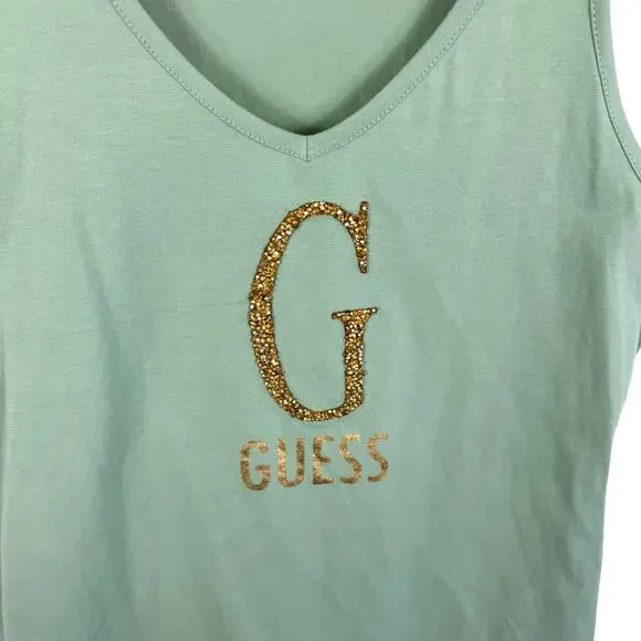 GUESS Green Gold Rhinestone "G" V-Neck Lightweight Tank Top Size L - Picture 4 of 5